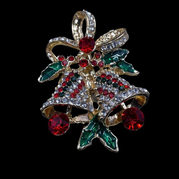 Vintage Christmas Bell Brooch Rhinestone Holiday Pin Gift Occasion Glam Sparkle - Picture 3 of 6